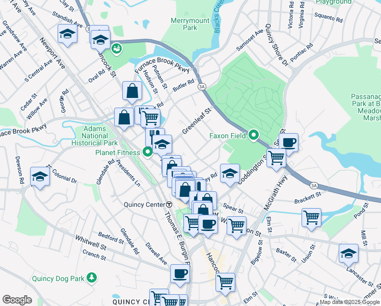 map of restaurants, bars, coffee shops, grocery stores, and more near 13 Linden Court in Quincy