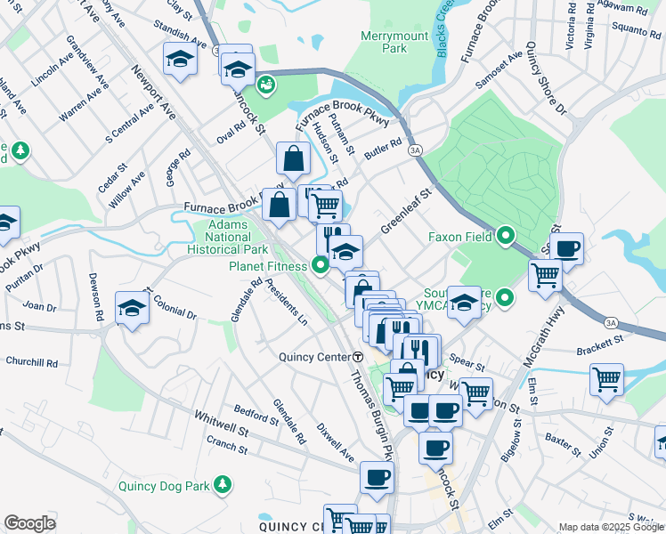 map of restaurants, bars, coffee shops, grocery stores, and more near 1089 Hancock Street in Quincy