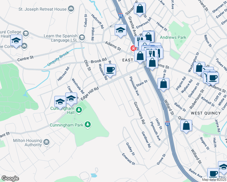 map of restaurants, bars, coffee shops, grocery stores, and more near 28 Webster Road in Milton