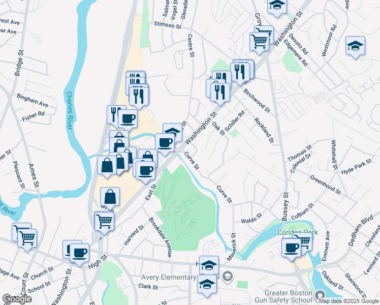 map of restaurants, bars, coffee shops, grocery stores, and more near 1 Columbia Terrace in Dedham