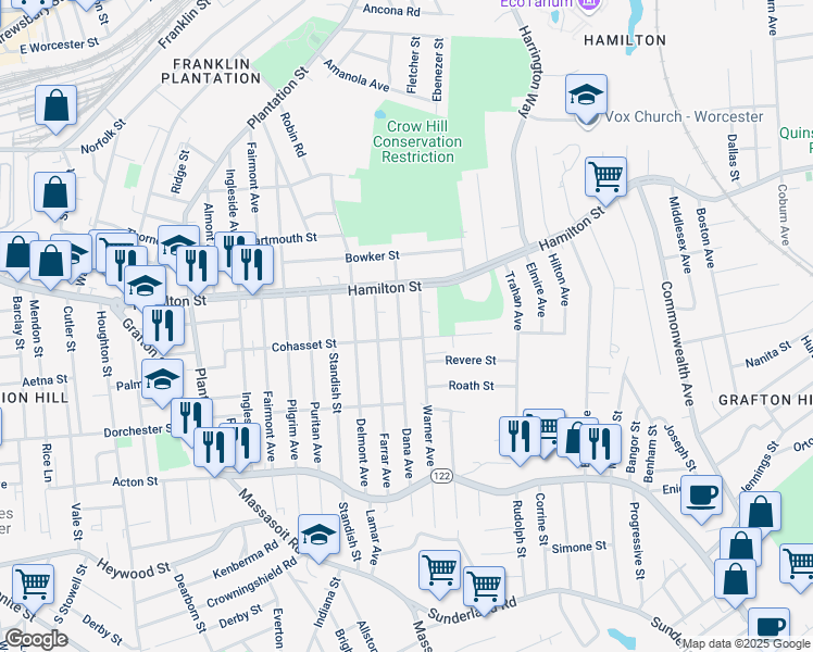 map of restaurants, bars, coffee shops, grocery stores, and more near 173 Cohasset Street in Worcester