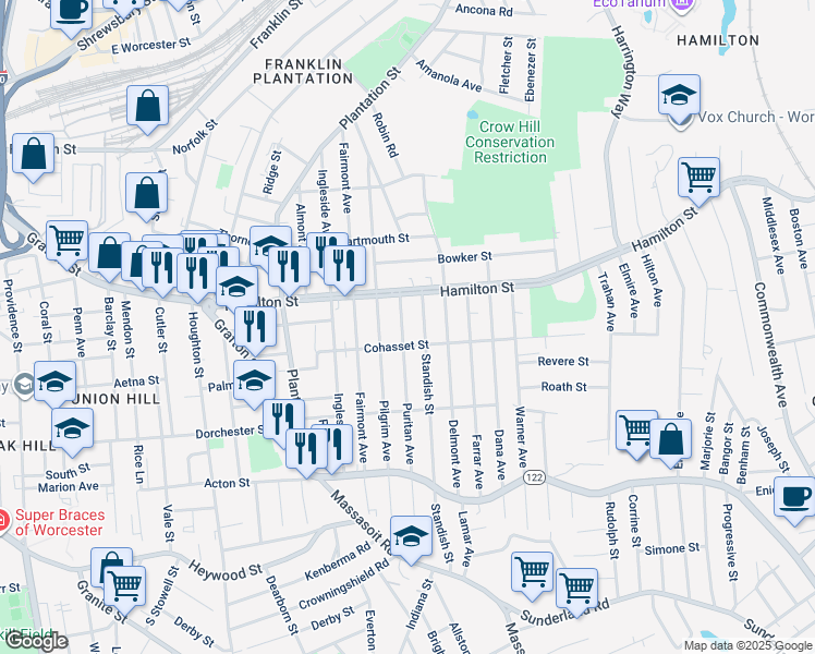 map of restaurants, bars, coffee shops, grocery stores, and more near 9 Puritan Avenue in Worcester