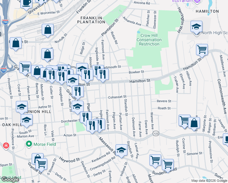 map of restaurants, bars, coffee shops, grocery stores, and more near 9 Puritan Avenue in Worcester