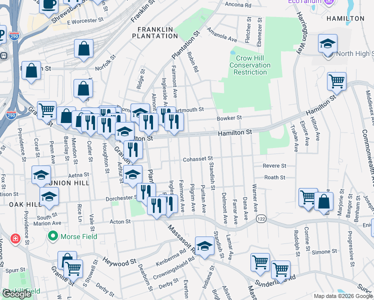 map of restaurants, bars, coffee shops, grocery stores, and more near 146 Fairmont Avenue in Worcester