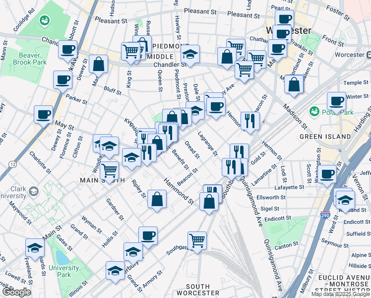 map of restaurants, bars, coffee shops, grocery stores, and more near 16 Oread Street in Worcester