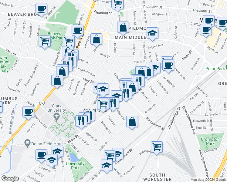map of restaurants, bars, coffee shops, grocery stores, and more near 8 Silver Street in Worcester