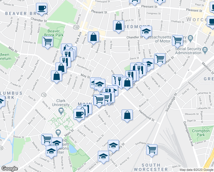 map of restaurants, bars, coffee shops, grocery stores, and more near 8 Silver Street in Worcester