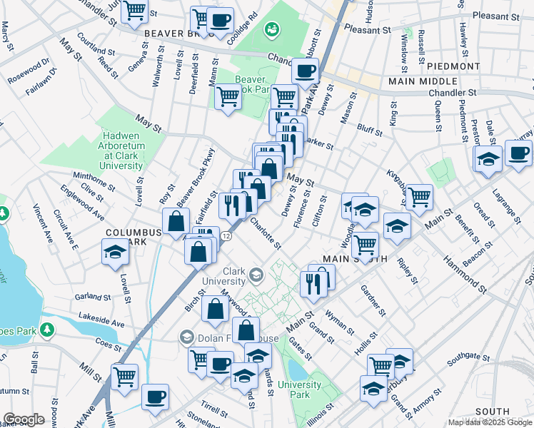 map of restaurants, bars, coffee shops, grocery stores, and more near 76 Charlotte Street in Worcester