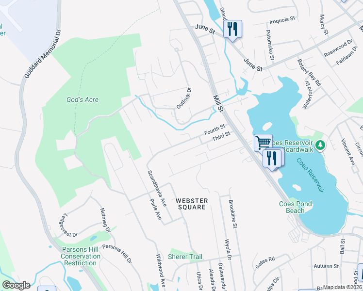 map of restaurants, bars, coffee shops, grocery stores, and more near 36 3rd Street in Worcester