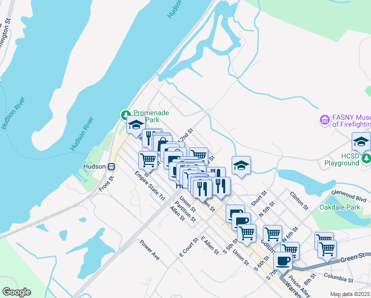 map of restaurants, bars, coffee shops, grocery stores, and more near 221-223 State Street in Hudson