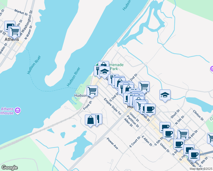 map of restaurants, bars, coffee shops, grocery stores, and more near 28 Union Street in Hudson