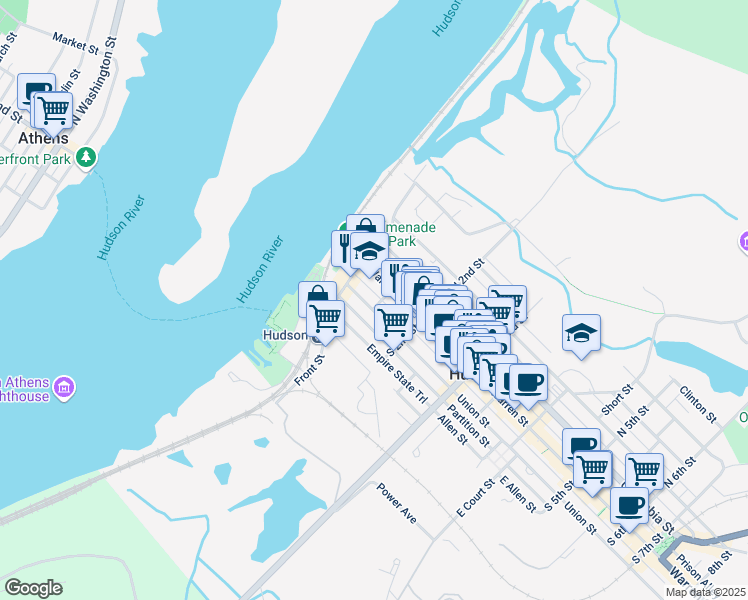 map of restaurants, bars, coffee shops, grocery stores, and more near 28 Union Street in Hudson