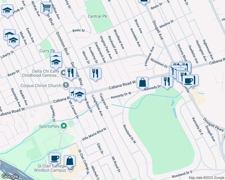 map of restaurants, bars, coffee shops, grocery stores, and more near 1093 Cabana Road West in Windsor