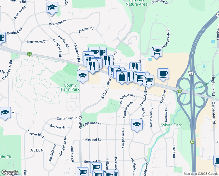map of restaurants, bars, coffee shops, grocery stores, and more near 2201 South Huron Parkway in Ann Arbor