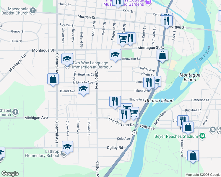 map of restaurants, bars, coffee shops, grocery stores, and more near 821 Island Avenue in Rockford