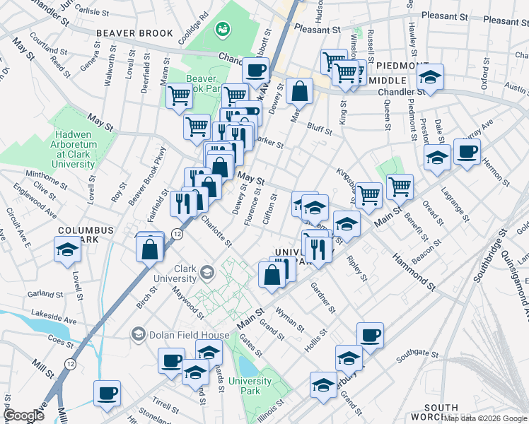 map of restaurants, bars, coffee shops, grocery stores, and more near 21 Florence Street in Worcester
