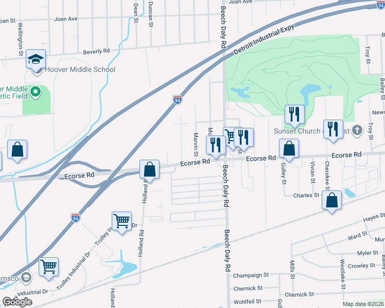 map of restaurants, bars, coffee shops, grocery stores, and more near 26010 Ecorse Road in Taylor