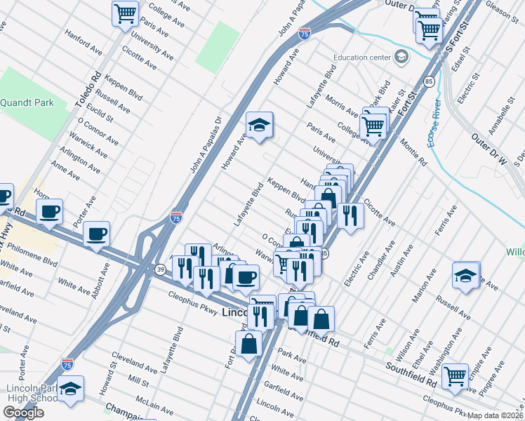 map of restaurants, bars, coffee shops, grocery stores, and more near 1458 Euclid Street in Lincoln Park