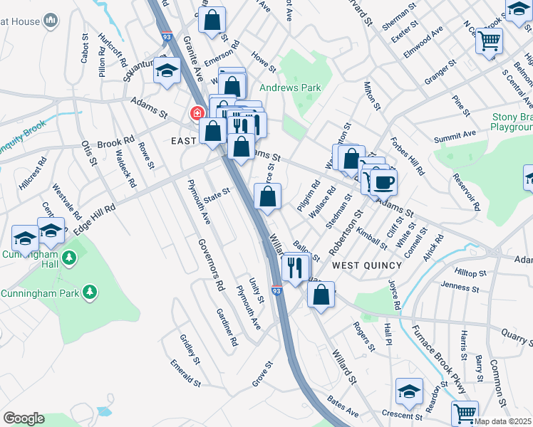 map of restaurants, bars, coffee shops, grocery stores, and more near 504 Granite Avenue in Milton