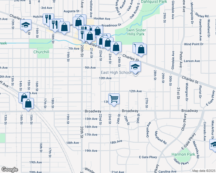 map of restaurants, bars, coffee shops, grocery stores, and more near 1203 23rd Street in Rockford