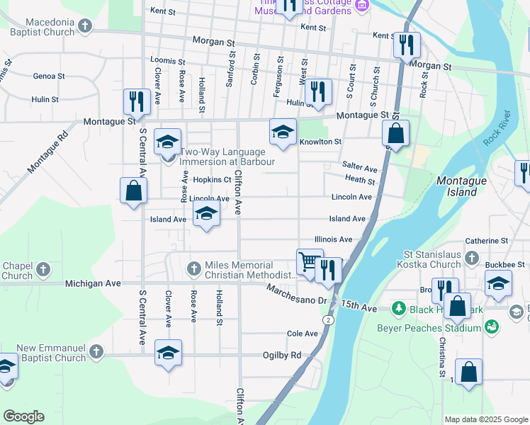 map of restaurants, bars, coffee shops, grocery stores, and more near 821 Island Avenue in Rockford