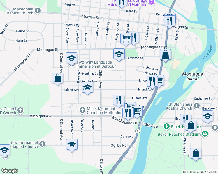 map of restaurants, bars, coffee shops, grocery stores, and more near 821 Island Avenue in Rockford