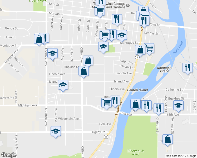 map of restaurants, bars, coffee shops, grocery stores, and more near 721 Island Avenue in Rockford