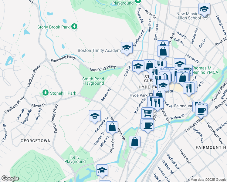 map of restaurants, bars, coffee shops, grocery stores, and more near Cleveland Street in Boston