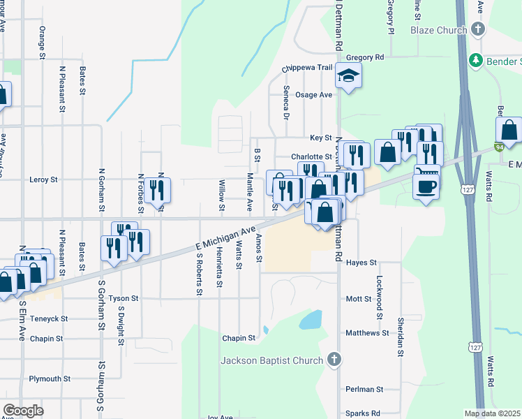 map of restaurants, bars, coffee shops, grocery stores, and more near 2816 East Ganson Street in Jackson