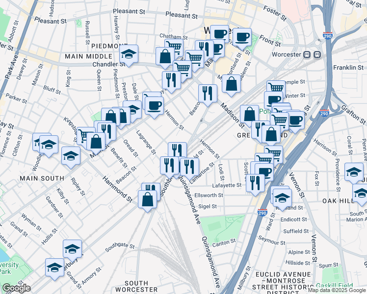 map of restaurants, bars, coffee shops, grocery stores, and more near 295 Southbridge Street in Worcester