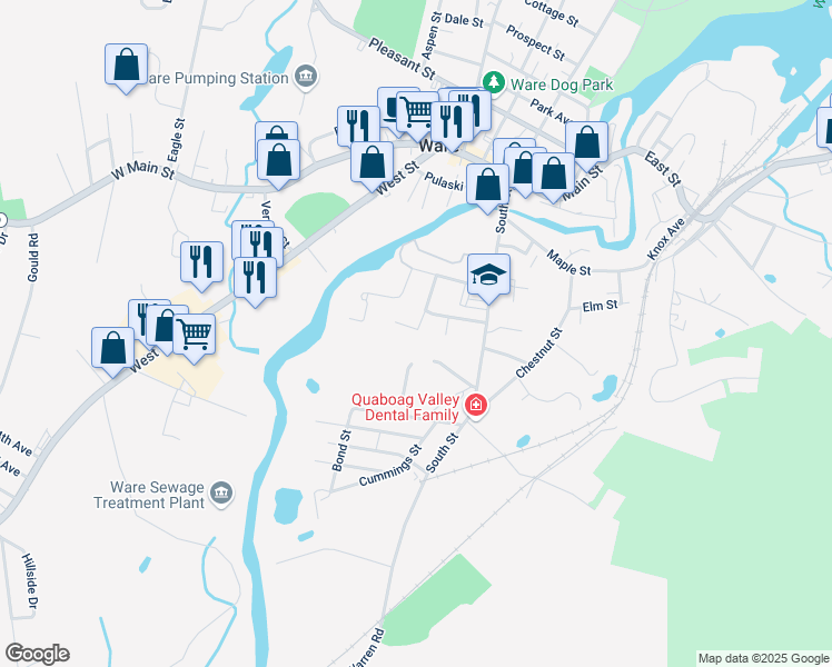map of restaurants, bars, coffee shops, grocery stores, and more near 34 Williams Street in Ware