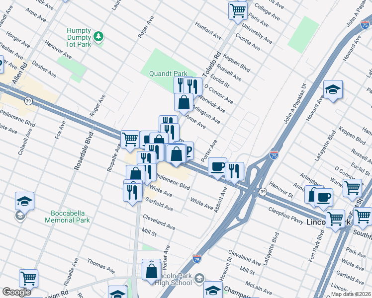 map of restaurants, bars, coffee shops, grocery stores, and more near 1868 Southfield Road in Lincoln Park