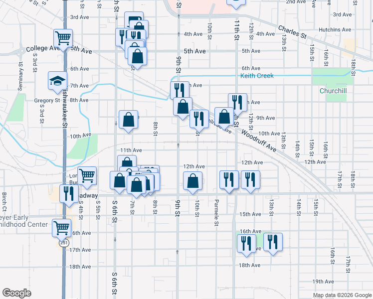 map of restaurants, bars, coffee shops, grocery stores, and more near 1319 11th Ave in Rockford