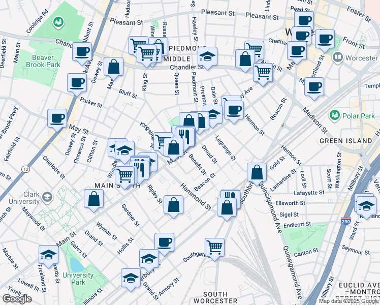 map of restaurants, bars, coffee shops, grocery stores, and more near 3 Benefit Street in Worcester