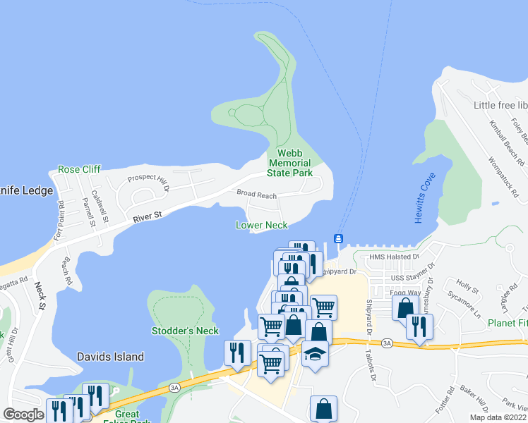 map of restaurants, bars, coffee shops, grocery stores, and more near 61 Broad Reach in Weymouth