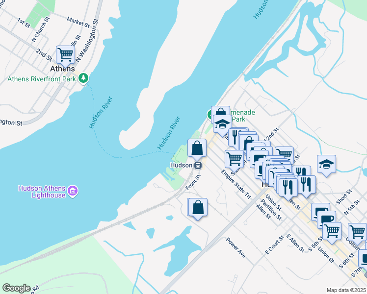 map of restaurants, bars, coffee shops, grocery stores, and more near 1 Water Street in Hudson