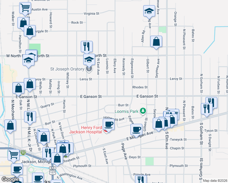map of restaurants, bars, coffee shops, grocery stores, and more near 611 Ellery Avenue in Jackson