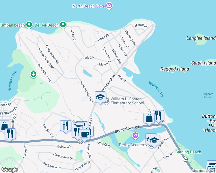 map of restaurants, bars, coffee shops, grocery stores, and more near 66 Governor Long Road in Hingham