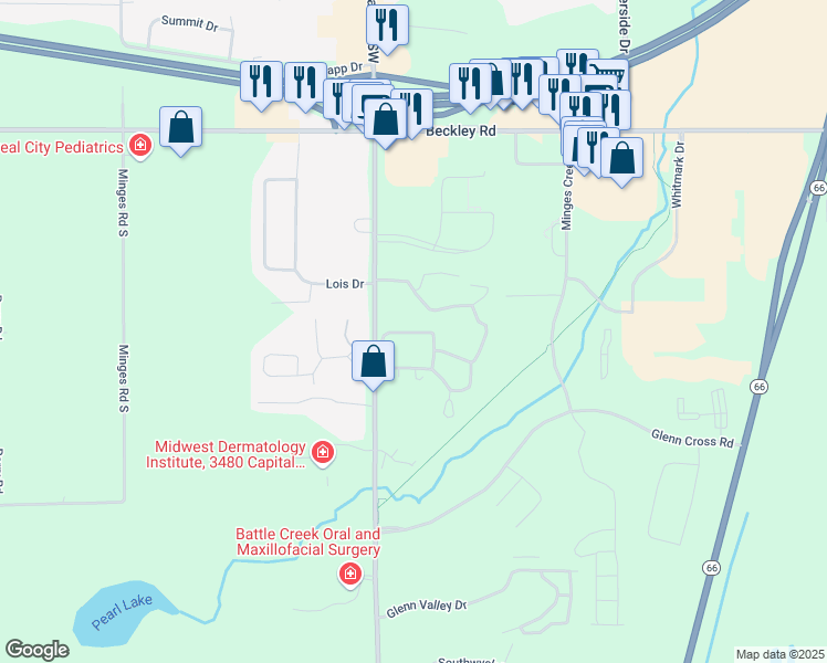 map of restaurants, bars, coffee shops, grocery stores, and more near 208 Rambling Road in Battle Creek
