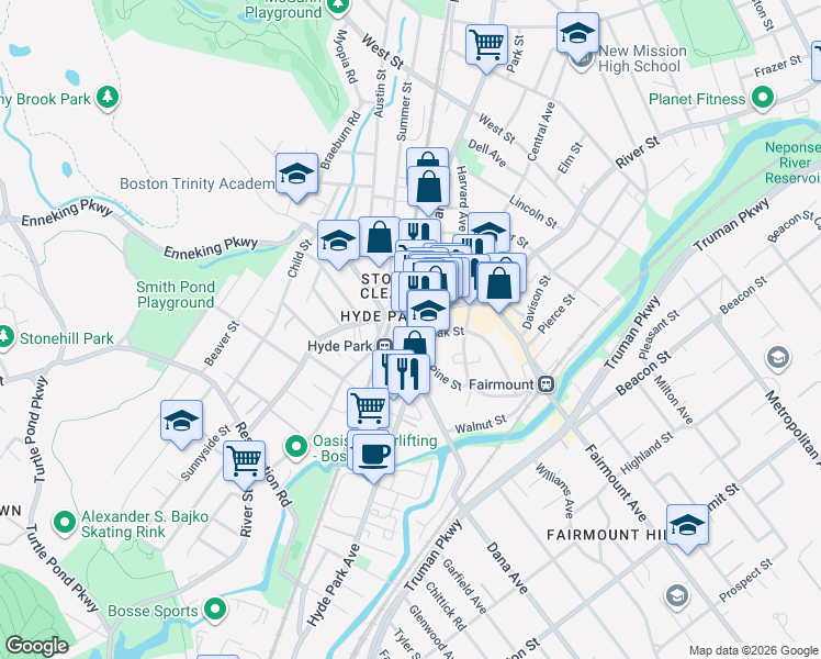 map of restaurants, bars, coffee shops, grocery stores, and more near 1281 Hyde Park Avenue in Boston