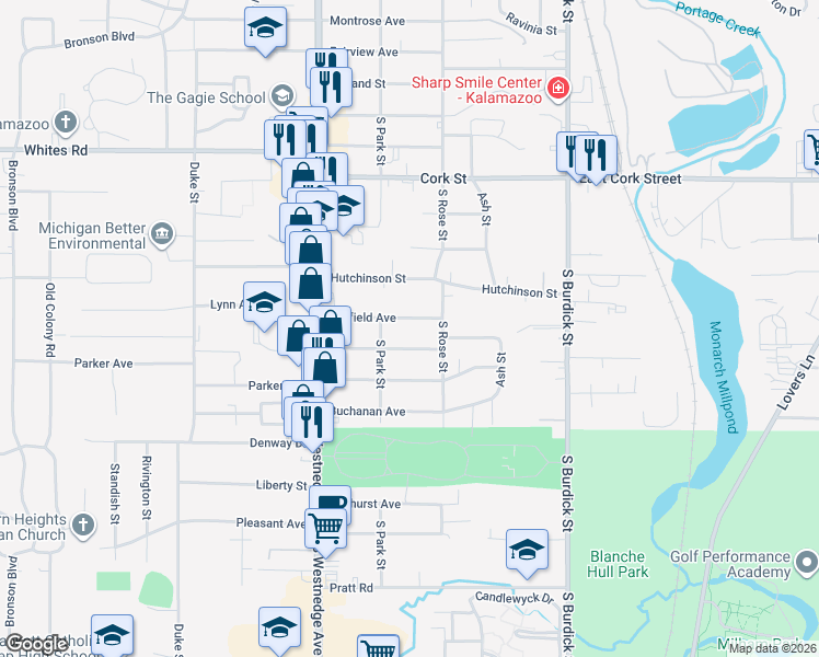 map of restaurants, bars, coffee shops, grocery stores, and more near 224 Pierce Avenue in Kalamazoo