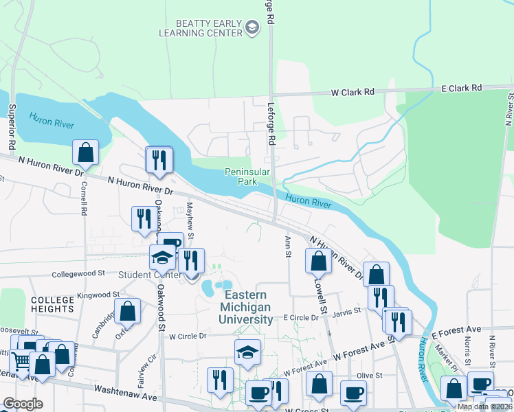 map of restaurants, bars, coffee shops, grocery stores, and more near in Ypsilanti