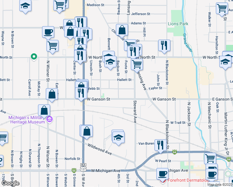 map of restaurants, bars, coffee shops, grocery stores, and more near 610 Backus Street in Jackson