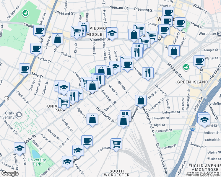 map of restaurants, bars, coffee shops, grocery stores, and more near 16 Oread Street in Worcester