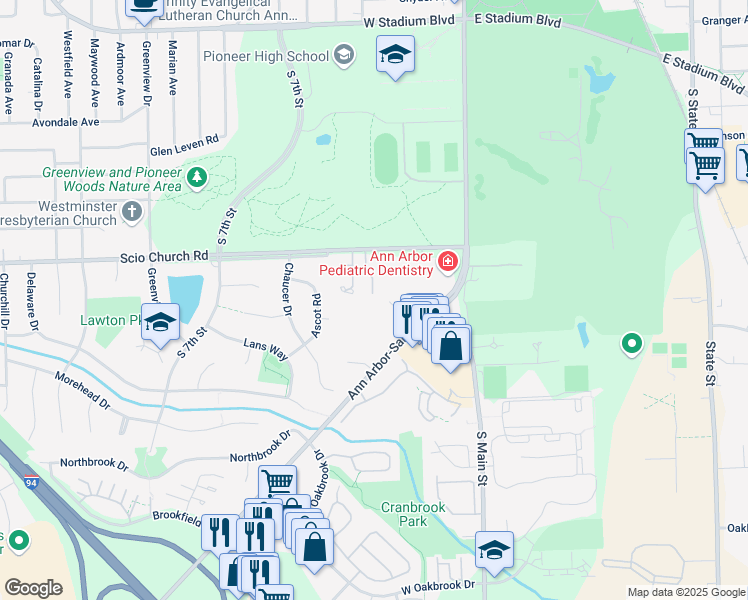 map of restaurants, bars, coffee shops, grocery stores, and more near 2028 Audubon Drive in Ann Arbor