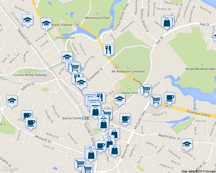 map of restaurants, bars, coffee shops, grocery stores, and more near 10 Edgewood Circle in Quincy