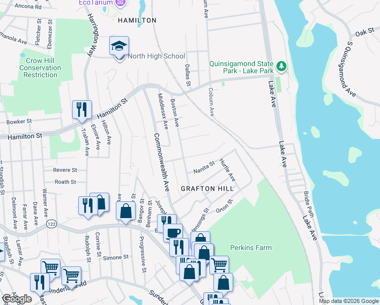map of restaurants, bars, coffee shops, grocery stores, and more near 28 Modoc Street in Worcester