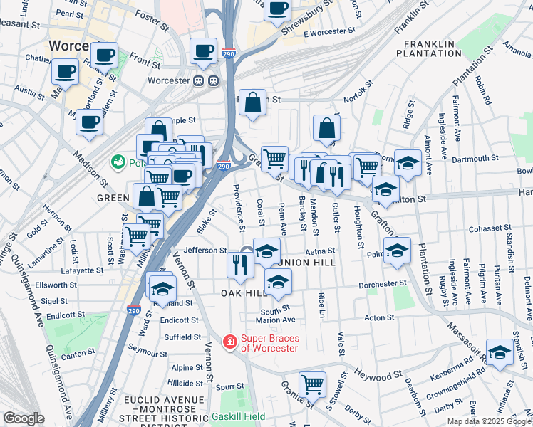 map of restaurants, bars, coffee shops, grocery stores, and more near 41 Coral Street in Worcester