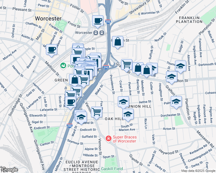 map of restaurants, bars, coffee shops, grocery stores, and more near 52 Providence Street in Worcester