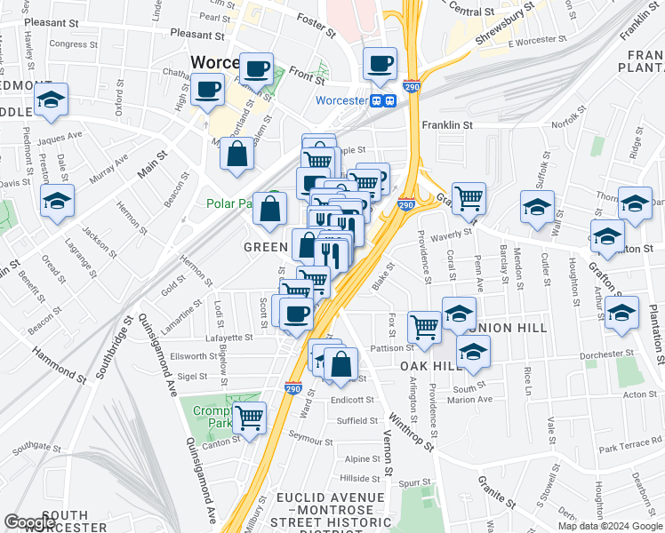 map of restaurants, bars, coffee shops, grocery stores, and more near 1 Kelley Square in Worcester